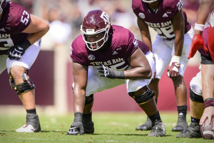 Sep 18, 2021; College Station, Texas, USA; Texas A&M Aggies offensive lineman Kenyon Green (55) in action during the game between the Texas A&M Aggies and the New Mexico Lobos at Kyle Field. Mandatory Credit: Jerome Miron-USA TODAY Sports